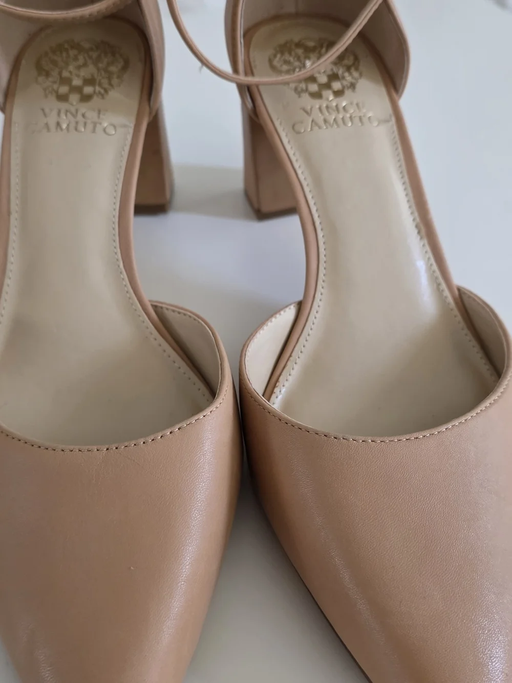 Vince Camuto Nude Pointed-Toe Block Heel Ankle-Strap Pumps